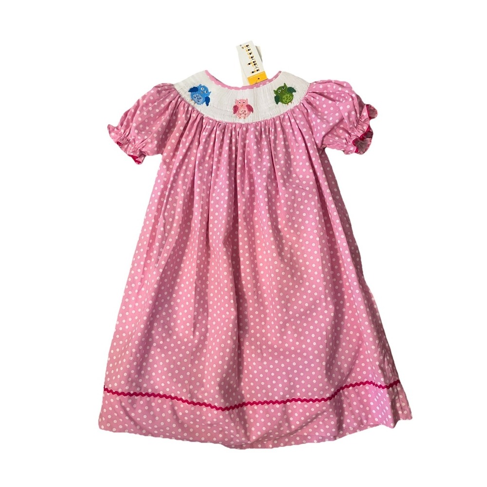 NWT Babeeni Smocked Dress Pink Sz4t Owl polkadot